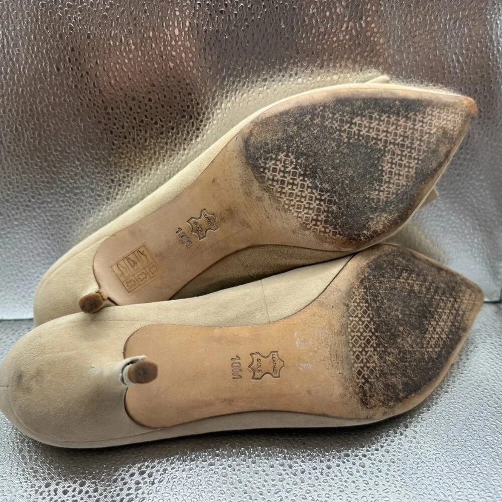 Size 10 M Tory Burch Womens Beige Gold Logo Bow Suede Stiletto Heel Ballet Flats